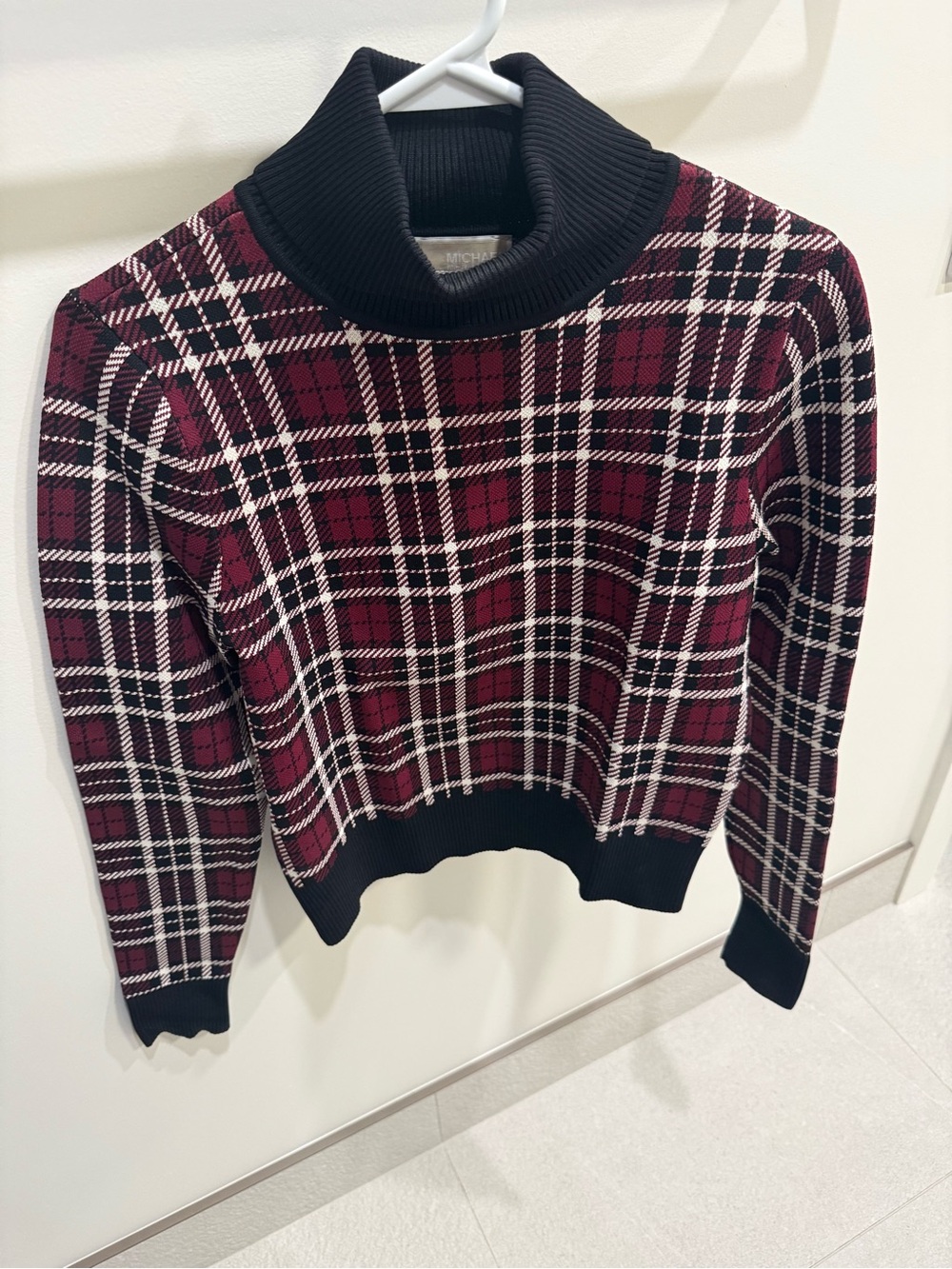 Micheal Kors Plaid Turtleneck Sweater - Burgundy & Black